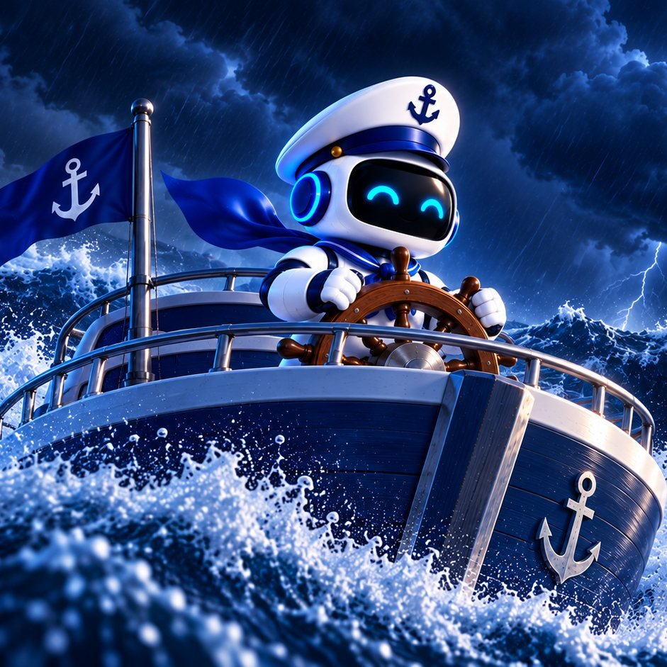 Martim no leme de um barco, enfrentando uma tempestade no mar